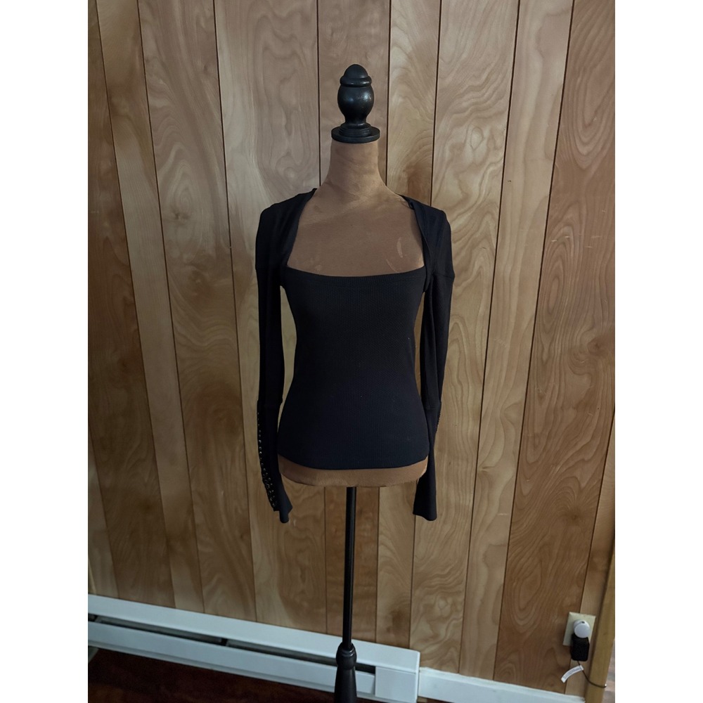 Free People Black Ribbed Square Neck‎ Long Sleeve Grommet Cuff Top XS